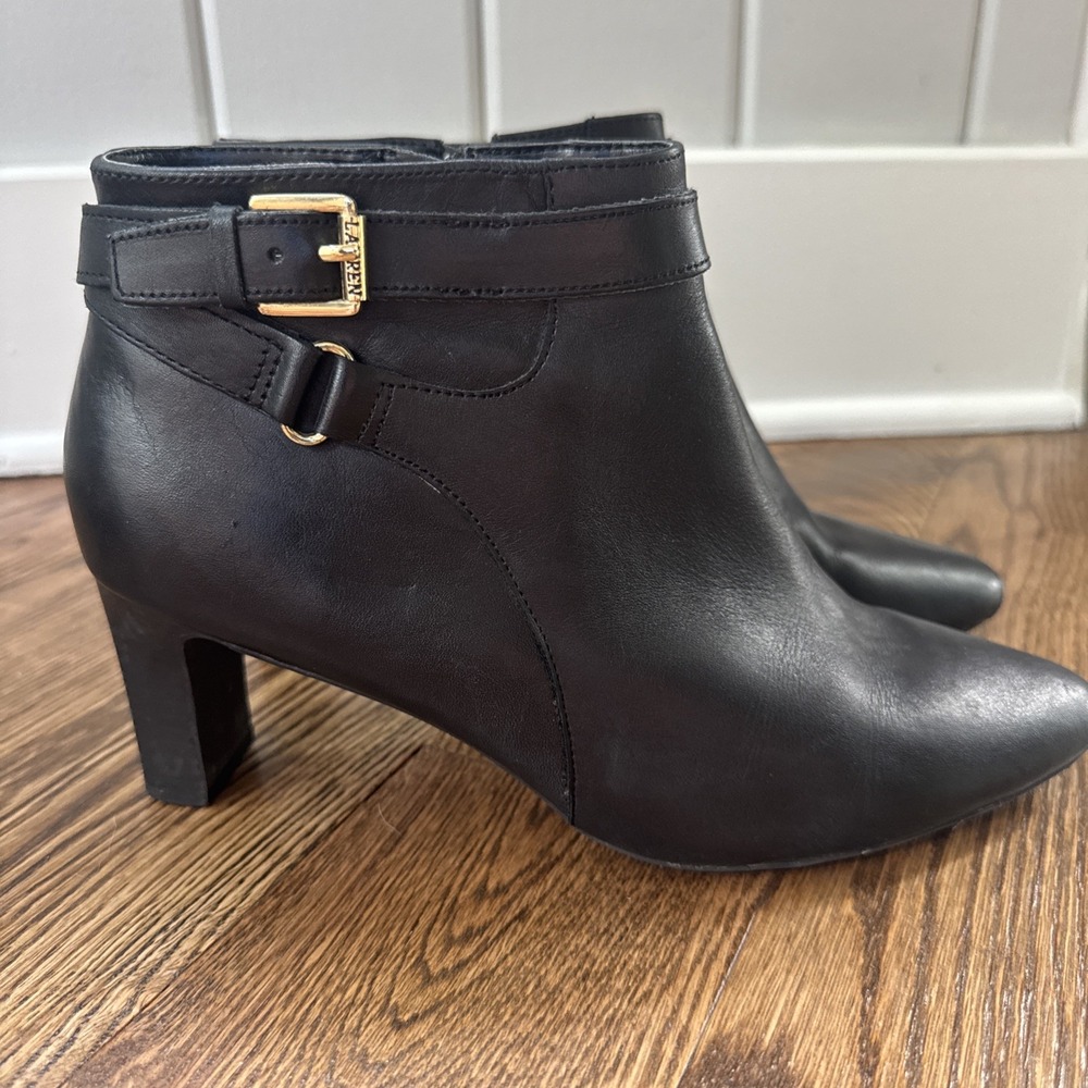 Lauren Ralph Lauren Nara Black Leather Buckle Ankle Boots Women's Size 8B